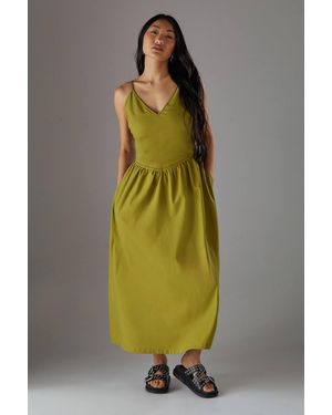 Warehouse Petite Linen Blend Plunge Neck Midi Sundress - Green