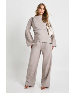 Boohoo Draped Asymmetric Top & Wide Leg Trouser Co-Ord - Natural