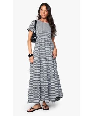 Boohoo Textured Gingham Tiered Maxi Smock Dress - Gray