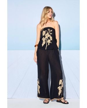Warehouse Hcd Cheesecloth Embroidered Mid Waist Tie Side Pants - Black