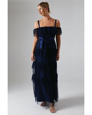 Oasis Pleated Mesh Tiered Skirt Bridesmaid Dress With Satin Belt - Blue
