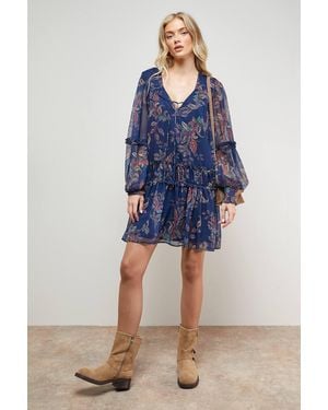 Oasis Printed Chiffon Shirred Front Tie Neck Mini Dress - Blue