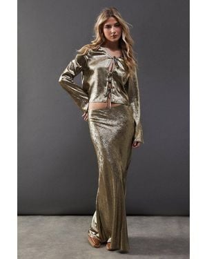 Warehouse Metallic Satin Bias Maxi Skirt - Gray