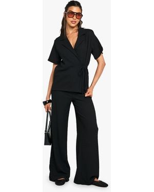 Boohoo Textured Wrap Front Top And Wide Leg Trouser Co-Ord - Blue