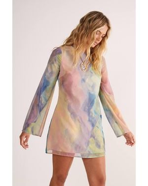 Nasty Gal Chiffon Marble Print Flared Sleeve Tunic Mini Dress - Multicolor