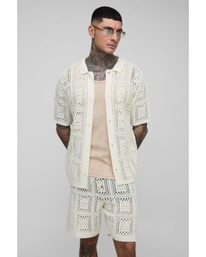 BoohooMAN Tall Regular Fit Crochet Shirt & Relaxed Short Set - Natural