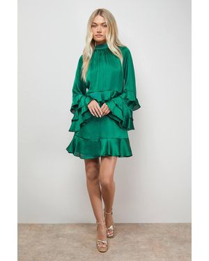 Oasis Layered Ruffle Sleeve Bow Back Mini Dress - Green