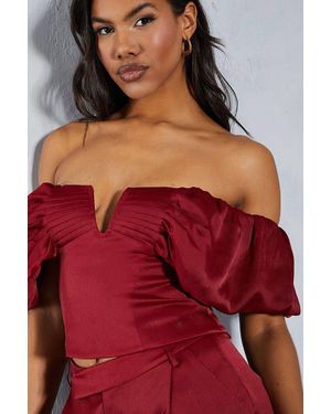 MissPap Textured Satin Pleated Bust Frill Bardot Top