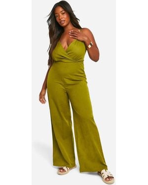 Boohoo Plus Woven Strappy Wide Leg Jumpsuit - Green