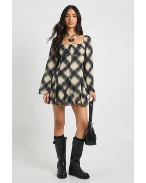 Boohoo Check Chiffon Godet Mini Dress - Blue