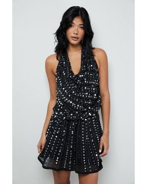 Warehouse Premium Hand Embellished Sequin Cowl Front Flippy Mini Dress - Blue