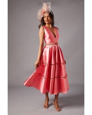 Coast Petite Plunge Neck Twill Midi Dress With Lace Trims - Red