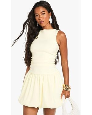 Boohoo Tailored Slash Neck Puff Ball Mini Dress - Natural
