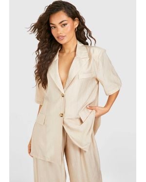 Boohoo Textured Crinkle Short Sleeved Blazer - Natural