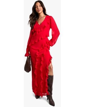 Boohoo Ruffle Long Sleeve Chiffon Maxi Dress - Red