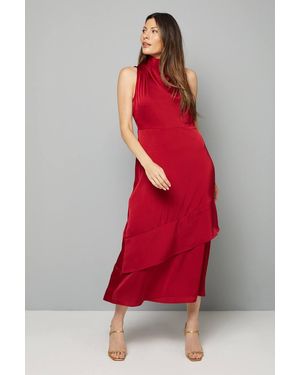 Wallis Satin Asymmetric Pleat Detail Midi Dress - Red