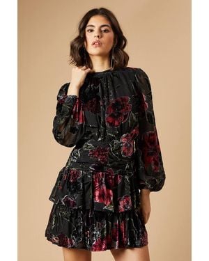 Oasis Velvet Tiered Blouson Sleeve Mini Dress - Black
