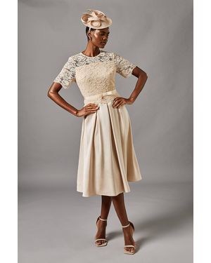 Coast Lace And Crepe Full Skirted Midi Dress - Gray