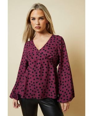 Dorothy Perkins Petite Berry Spot Long Sleeve Button Front Tea Blouse - Purple