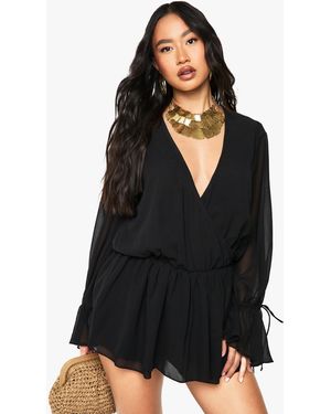 Boohoo Chiffon Long Sleeve V Neck Playsuit - Black