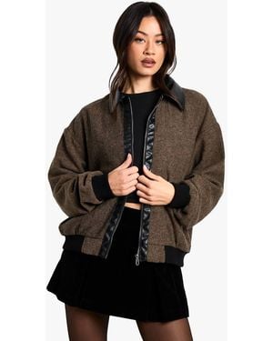 Boohoo Tall Contrast Pu Trim Wool Look Bomber Jacket - Black