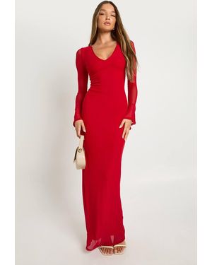 Boohoo Mesh Long Sleeve Maxi Dress - Red