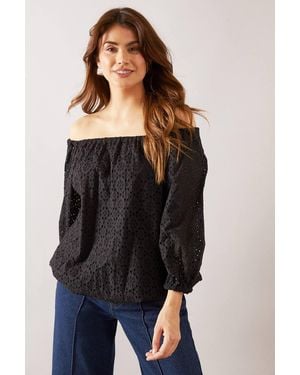 Wallis Broderie Puff Sleeve Top - Black