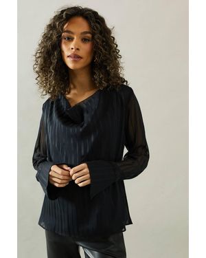Wallis Cowl Neck Shadow Stripe Collared Blouse - Blue