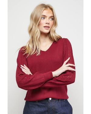 Oasis V Neck Scallop Detail Bow Pointelle Sweater - Red
