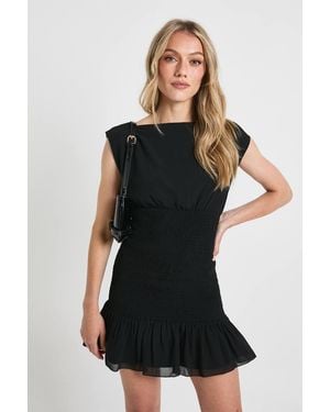 Boohoo Petite Shirred Waist Ruffle Hem Mini Dress - Black