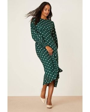Dorothy Perkins Spot Long Sleeve Shirred Cuff Midi Dress - Green
