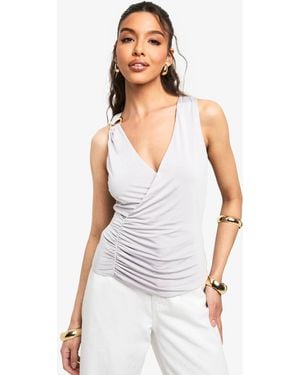 Boohoo Slinky Plunge Front Top With Trim Detail - White