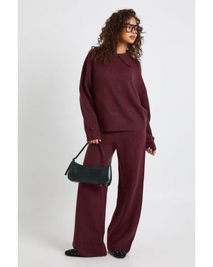 Boohoo Super Soft Crew Neck Knitted Chunky Sweater And Wide Leg Trouser Co-Ord - Red