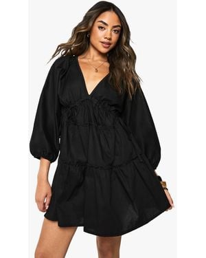 Boohoo Cotton Poplin Ruched Balloon Sleeve Smock Dress - Black