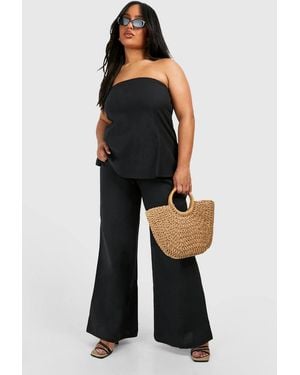 Boohoo Plus Linen Feel Wide Leg Trouser & Bandeau Top Co-Ord - Blue