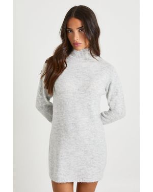 Boohoo Petite High Neck Super Soft Knitted Mini Dress - White
