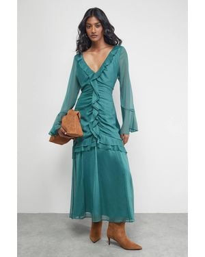 Warehouse Chiffon Ruffle Gathered Bodice Midi Dress - Green