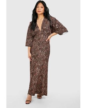 Boohoo Petite Leopard Bias Cut Batwing Maxi Dress - Brown