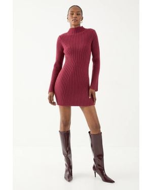 MissPap Knitted Ribbed Flute Long Sleeve Mini Dress - Red