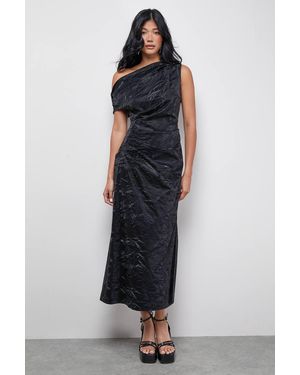 Warehouse Faux Crinkle Leather Fallen Shoulder Ruched Waist Midi Dress - Blue