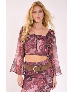 Nasty Gal Paisley Ruffle Fluted Sleeve Top - Red