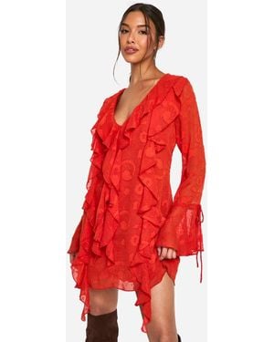 Boohoo Burnout Paisley Ruffle Mini Dress - Red