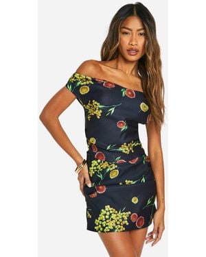 Boohoo Off The Shoulder Printed Ruched Top - Black