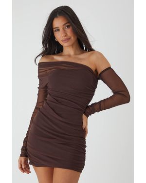 MissPap Ruched Mesh Off Shoulder Mini Dress - Brown