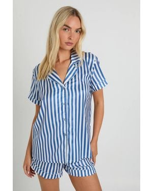 Boohoo Contrast Stripe Short Sleeve Shirt And Short Pajama Set - Blue