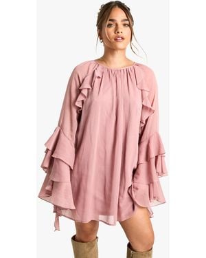 Boohoo Petite Ruffle Flare Sleeve Mini Shift Dress - Pink