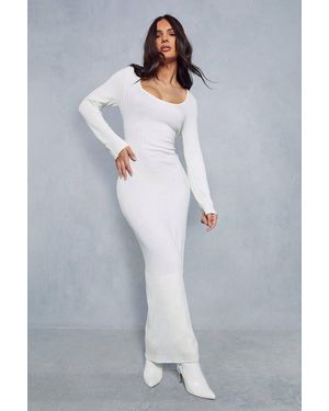 MissPap Knitted Ribbed Detail Scoop Neck Maxi Dress - Gray