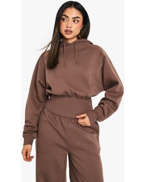 Boohoo Deep Rib Cinched Waist Hoodie - Brown