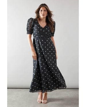 Wallis Spot Organza Ruched Front Midaxi Dress - Black