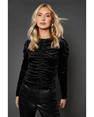 Dorothy Perkins Velvet Glitter Ruched Sleeve Long Sleeve Top - Gray